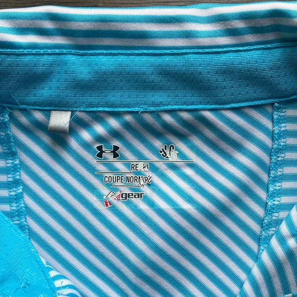 UNDER ARMOUR Striped Polo Shirt Mens Sz Large Blue White Golf - Picture 2 of 6
